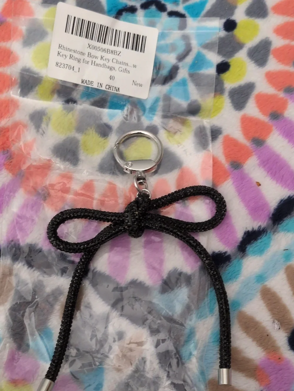 Black Rhinestone Bow Keychain Key Ring